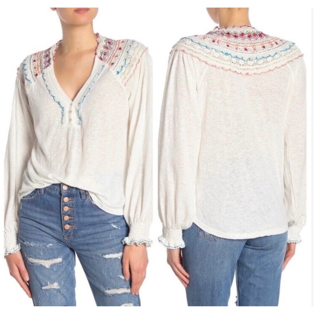 Free People Siesta Fiesta Crochet Embroidered V-Neck Top Folk Hippie Whimiscal